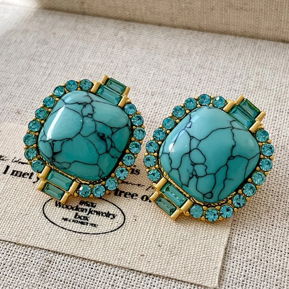 🩵 Turquoise Statement Earrings Gold Crystal Studs Vintage Style Bold Jewelry - Picture 7 of 8
